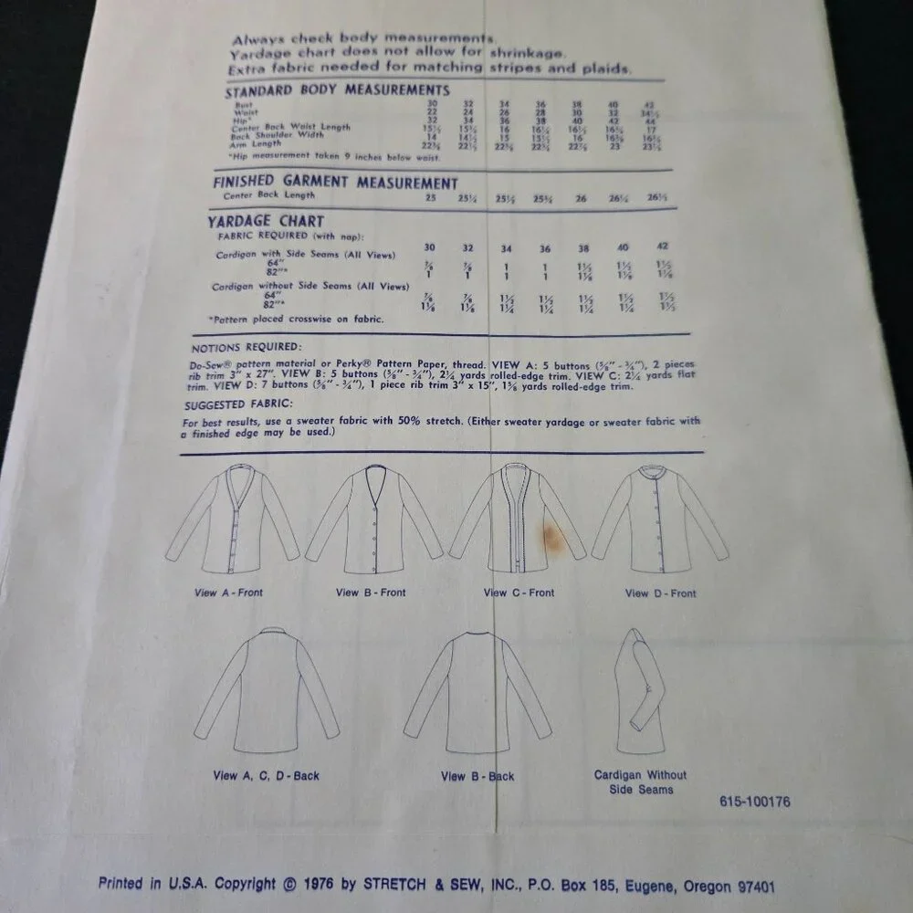 Stretch & Sew 615 sewing pattern Classic Cardigan Sweaters 70s UNCUT Vintage